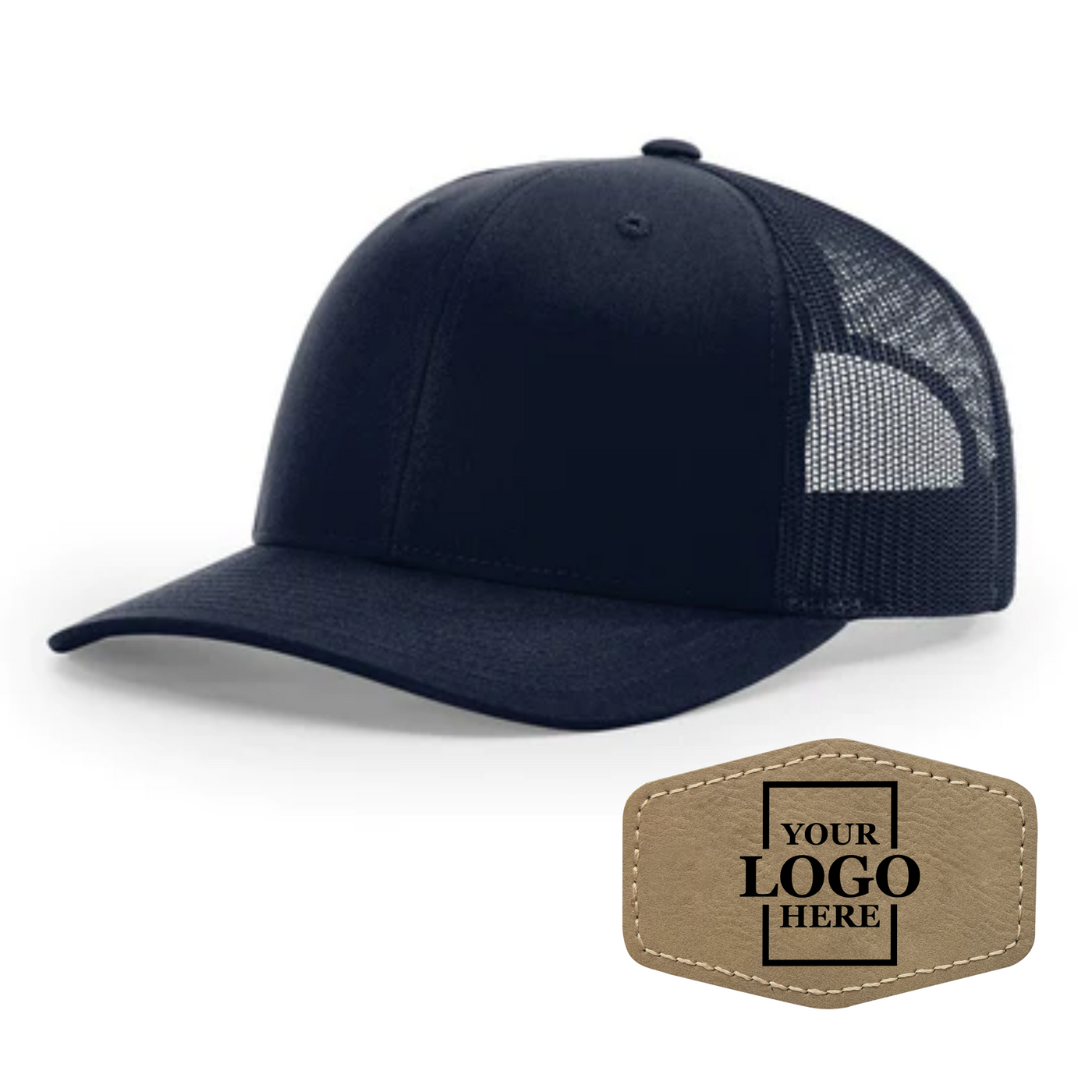 Realtor branded navy trucker snapback hat with a light brown hex patch with black engraving
