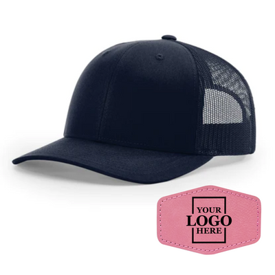 Realtor branded navy trucker snapback hat with a pink hex patch with black engraving