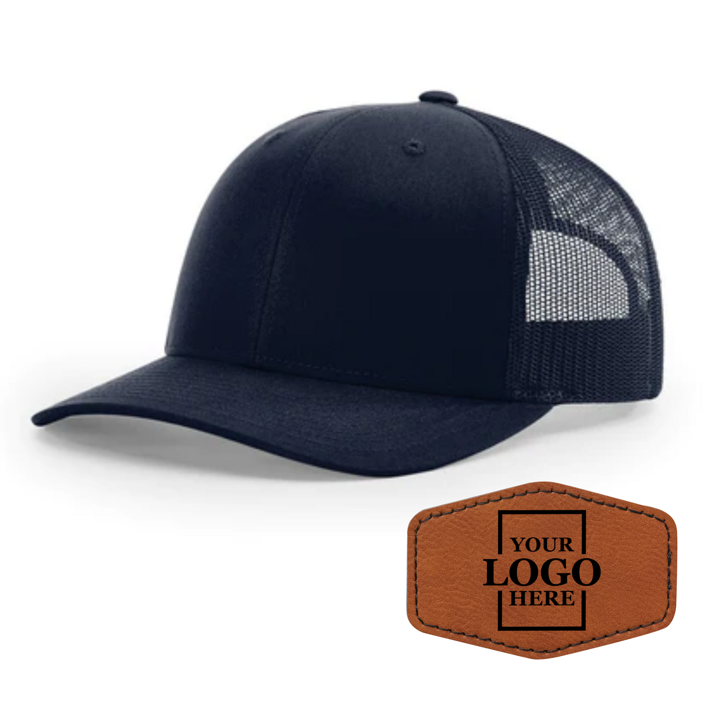 Realtor branded navy trucker snapback hat with a rawhide hex patch with black engraving