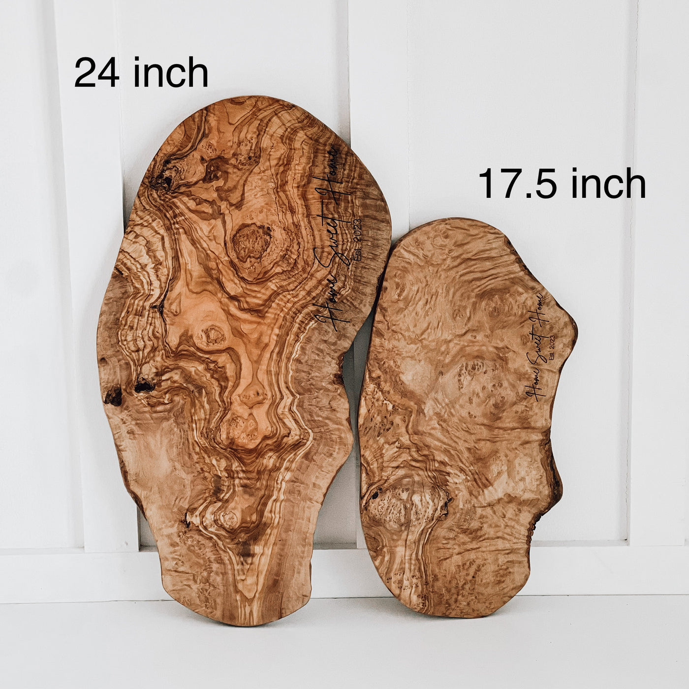 Real estate gifts of olivewood boards comparing large 24in to small 17.5in