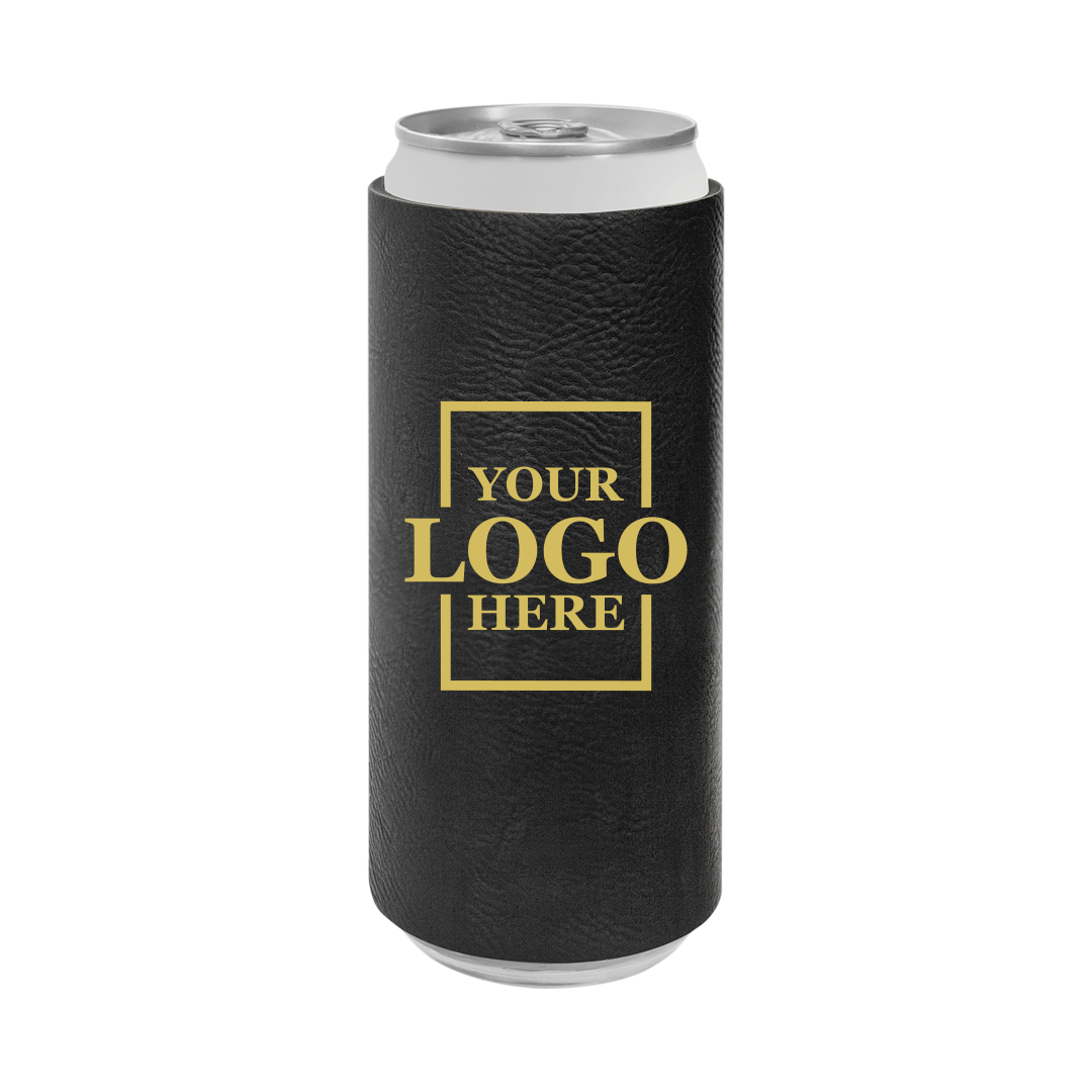 Realtor branded slim leatherette koozie in black with gold engraving