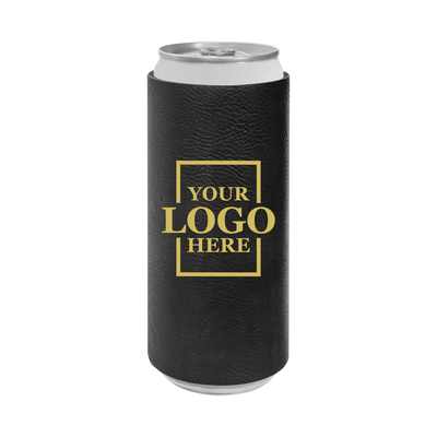Realtor branded slim leatherette koozie in black with gold engraving