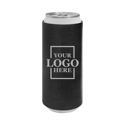 Realtor branded slim leatherette koozie in black with silver engraving