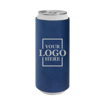 Realtor branded slim leatherette koozie in blue with silver engraving