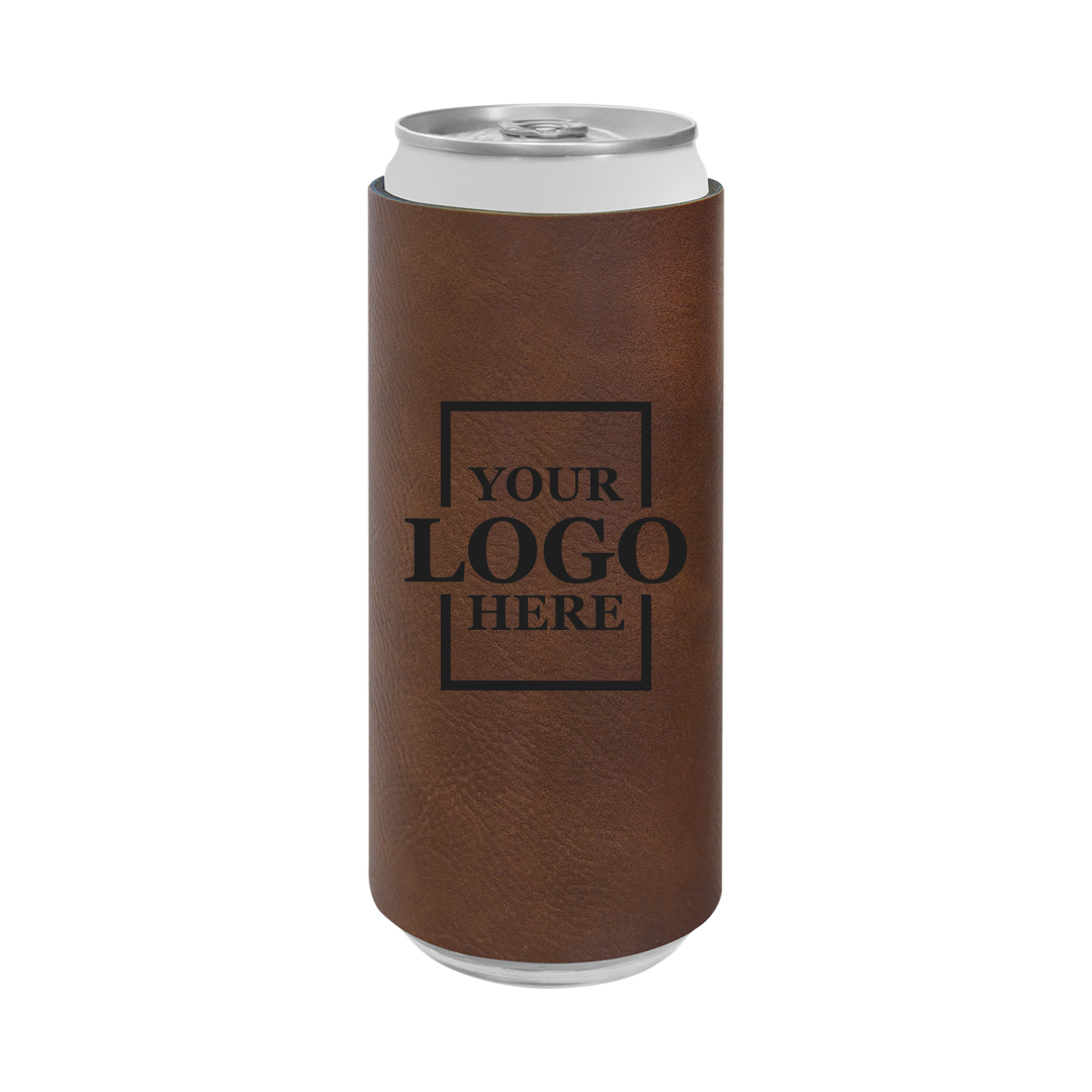 Realtor branded slim leatherette koozie in dark brown with black engraving