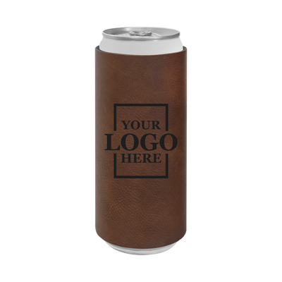 Realtor branded slim leatherette koozie in dark brown with black engraving