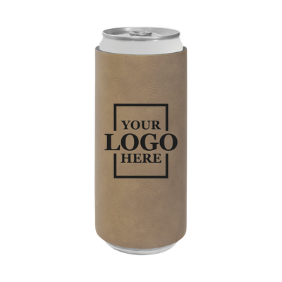  Realtor branded slim leatherette koozie in light brown with black engraving