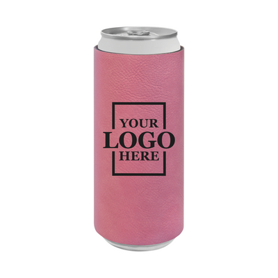Realtor branded slim leatherette koozie in pink with black engraving