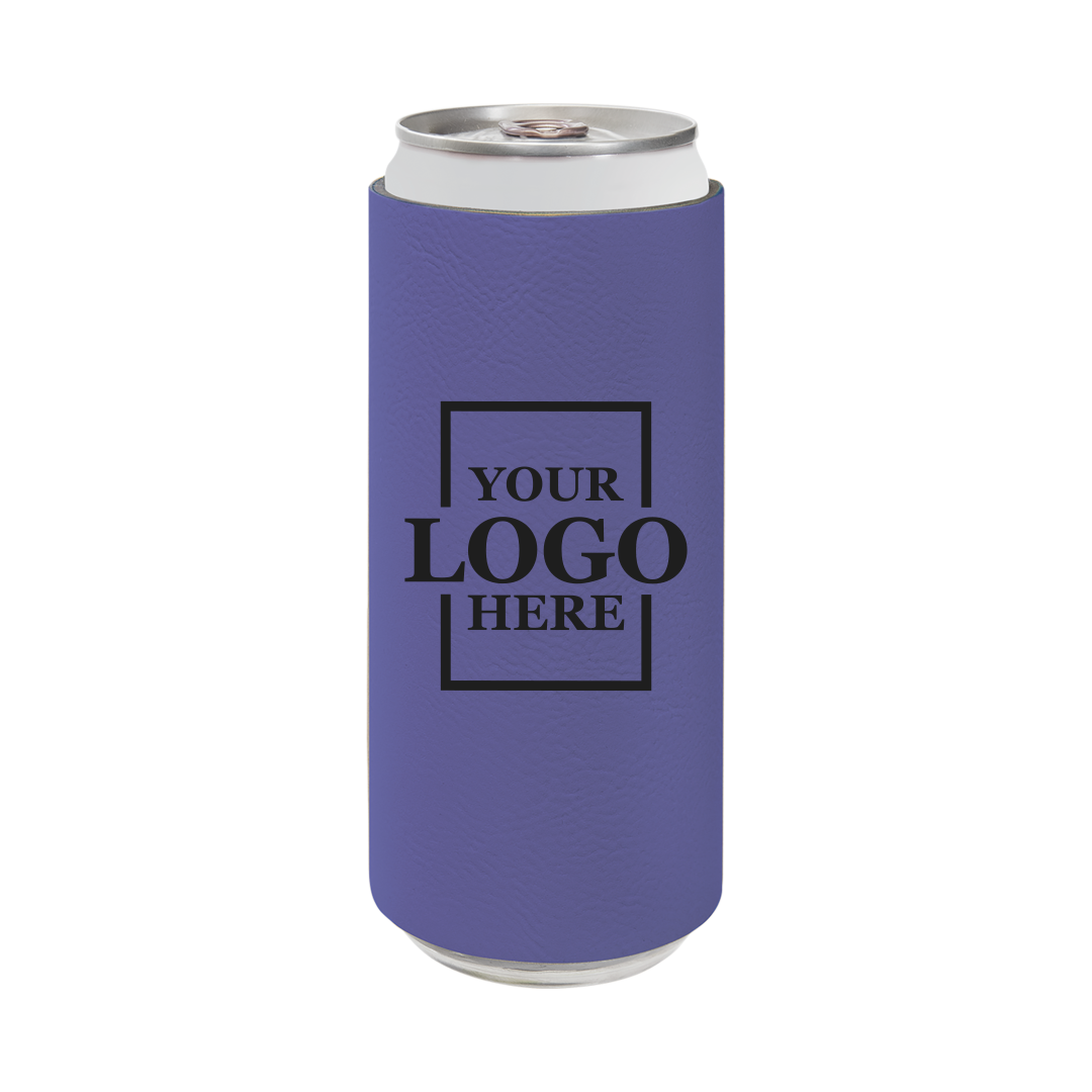Realtor branded slim leatherette koozie in purple with black engraving