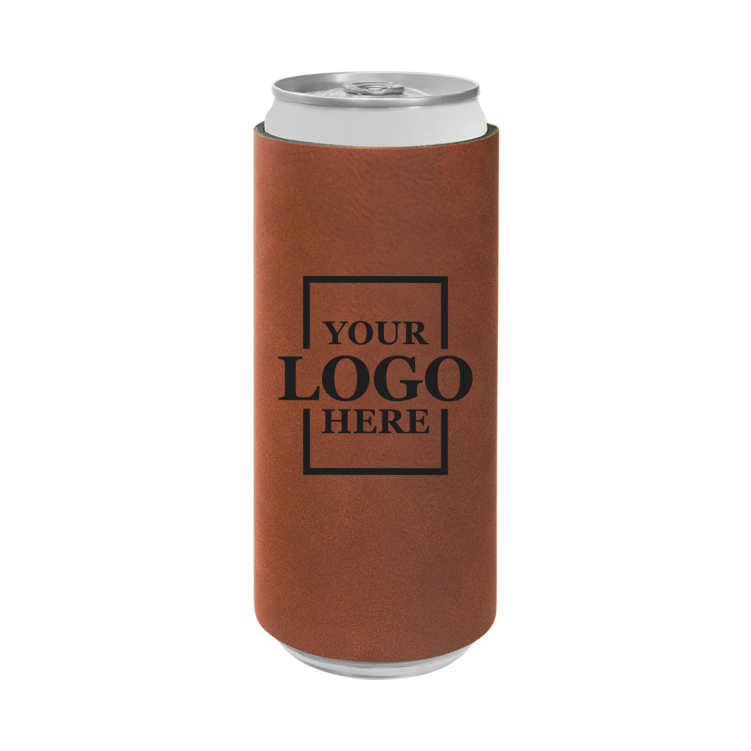 Realtor branded slim leatherette koozie in rawhide with black engraving