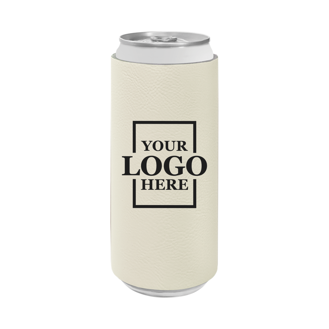 Realtor branded slim leatherette koozie in white with black engraving