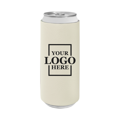 Realtor branded slim leatherette koozie in white with black engraving