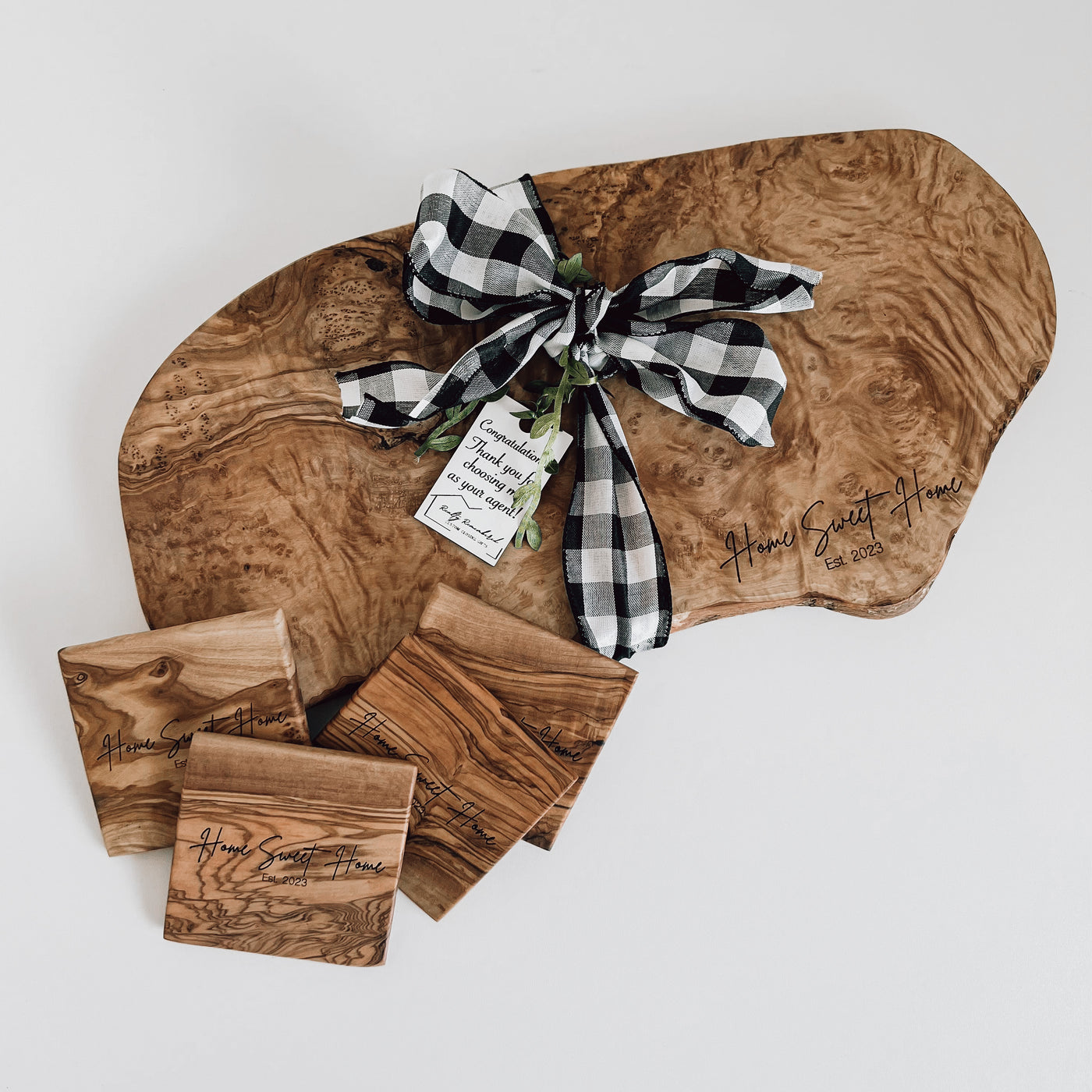 Real estate closing gift small olivewood board and matching coasters in design 1 home sweet home