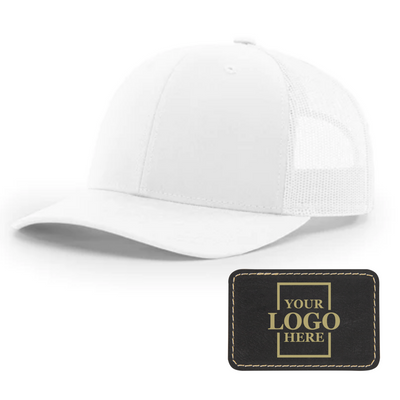 Realtor branded white trucker snapback hat with black patch and gold engraving