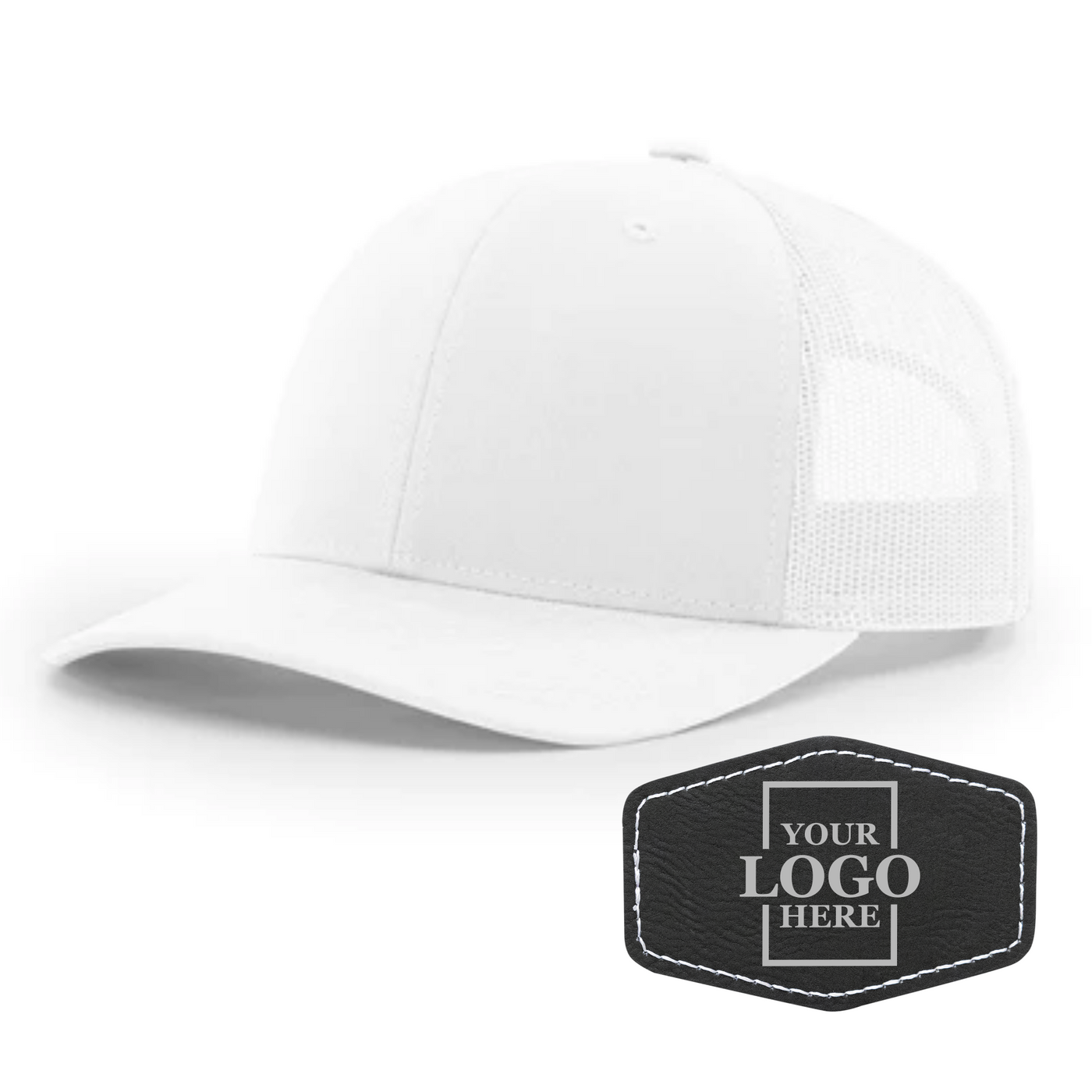 Realtor branded white trucker snapback hat with a black hex patch with silver engraving