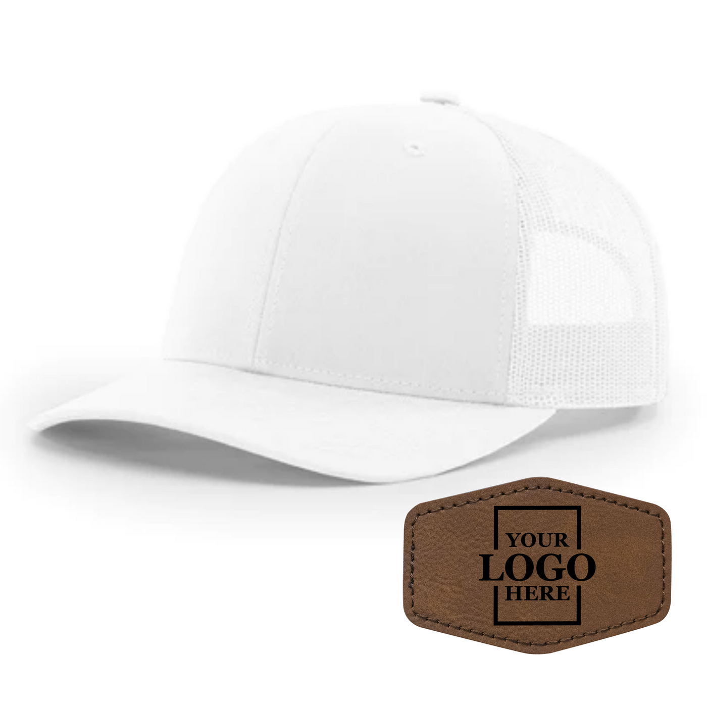 Realtor branded white trucker snapback hat with a dark brown hex patch with black engraving