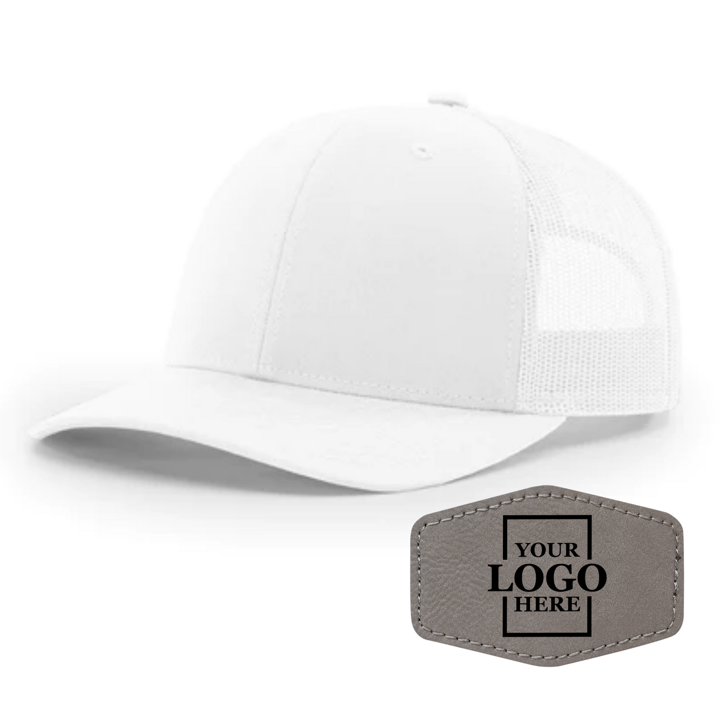 Realtor branded white trucker snapback hat with a gray hex patch with black engraving