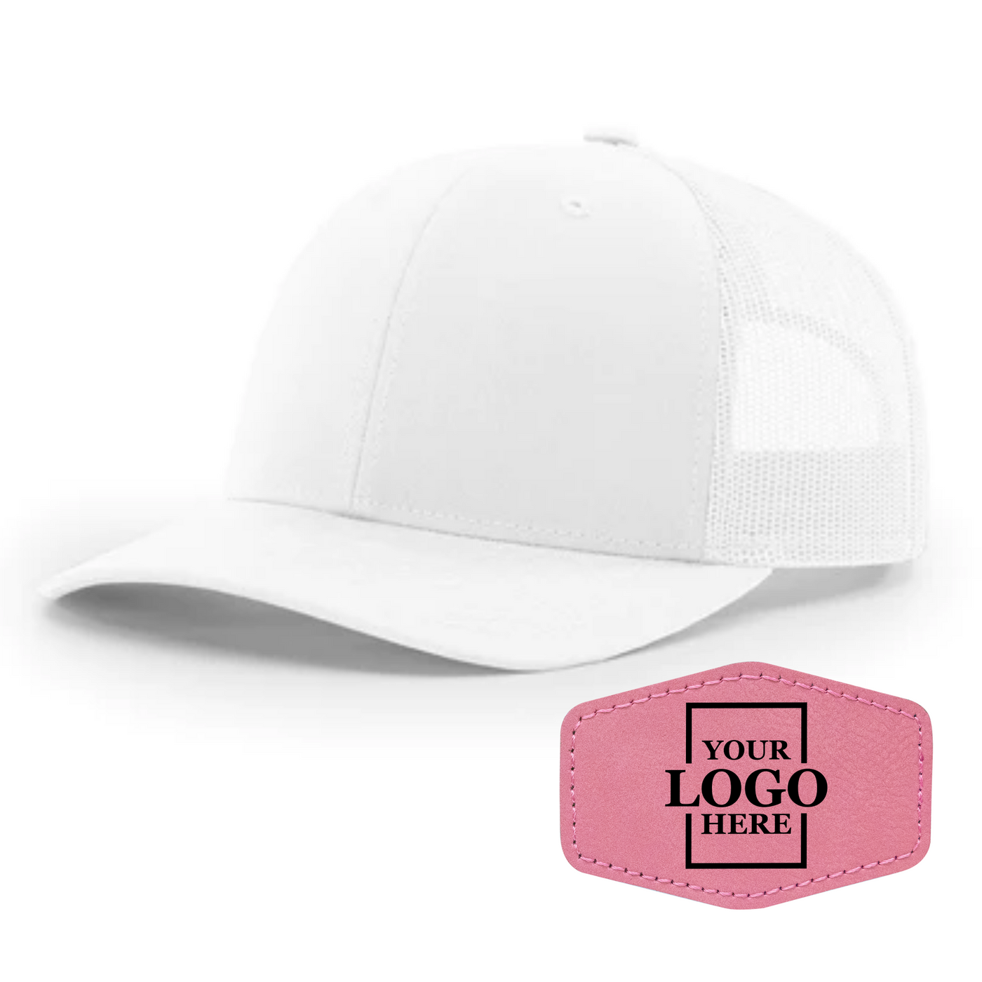 Realtor branded white trucker snapback hat with a pink hex patch with black engraving