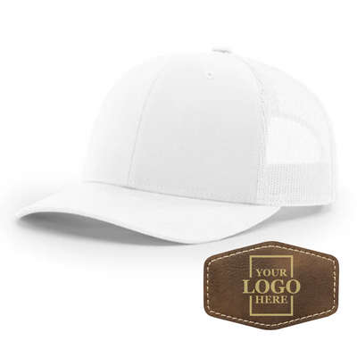 Realtor branded white trucker snapback hat with a rustic hex patch with gold engraving