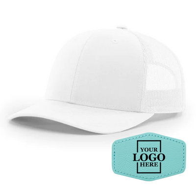Realtor branded white trucker snapback hat with a teal hex patch with black engraving
