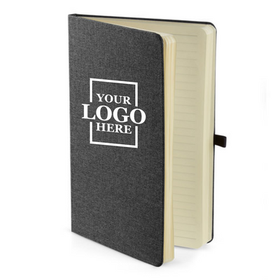 Realtor promotional gift of branded canvas journal in the color black with logo in upper center opened up