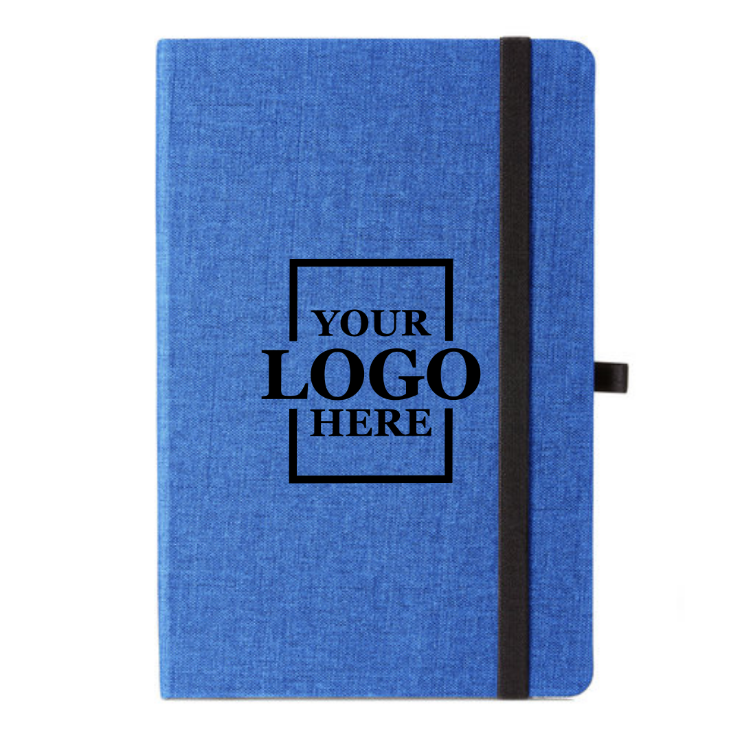 Realtor promotional gift of branded canvas journal in the color blue with logo in center