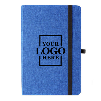 Realtor promotional gift of branded canvas journal in the color blue with logo in center