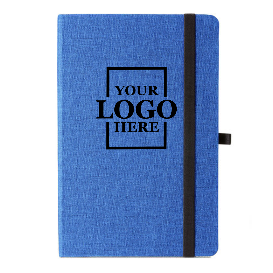 Realtor promotional gift of branded canvas journal in the color blue with logo in upper center