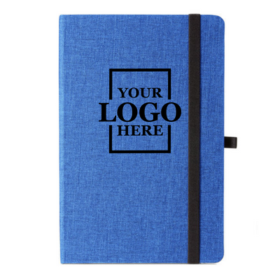 Realtor promotional gift of branded canvas journal in the color blue with logo in upper center
