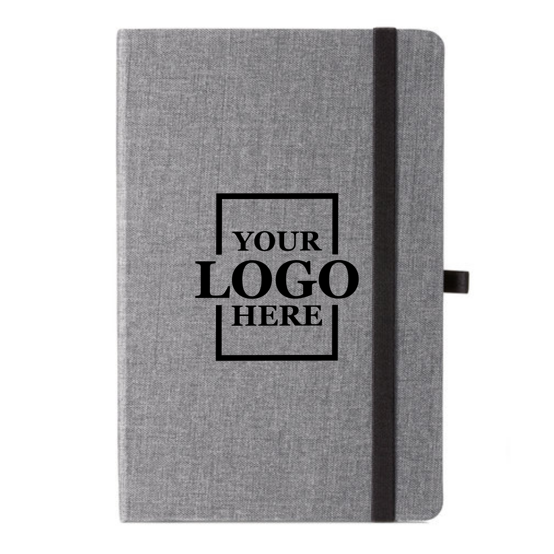 Realtor promotional gift of branded canvas journal in the color gray with logo in center