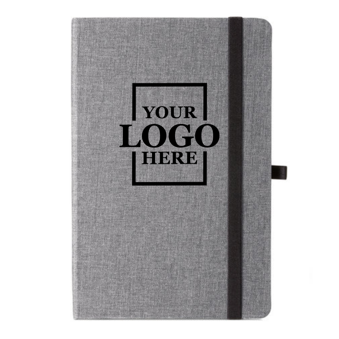 Realtor promotional gift of branded canvas journal in the color gray with logo in center