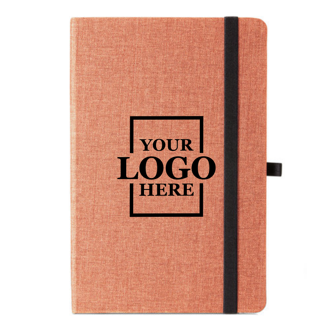 Realtor promotional gift of branded canvas journal in the color orange with logo in center