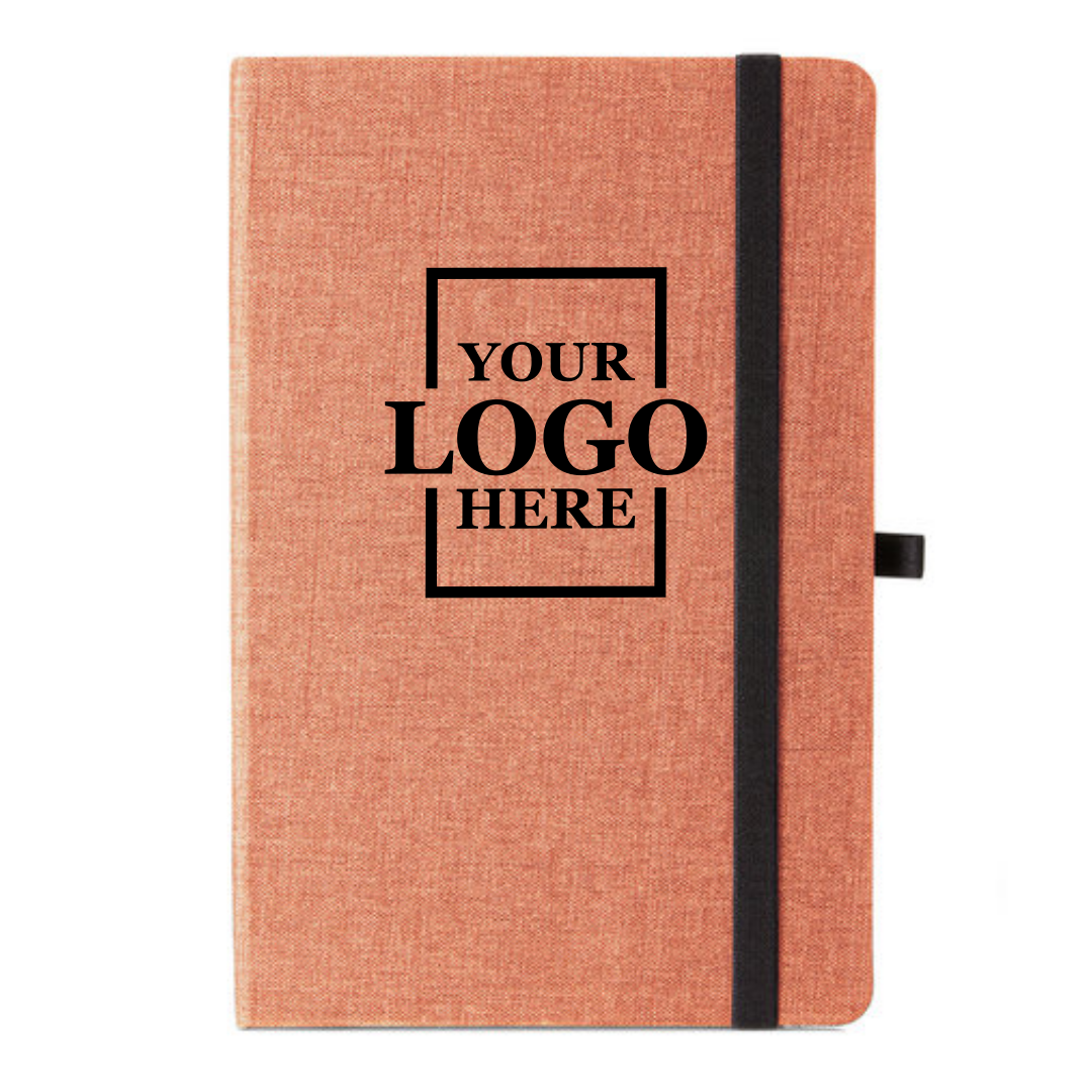 Realtor promotional gift of branded canvas journal in the color orange with logo in upper center