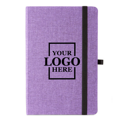 Realtor promotional gift of branded canvas journal in the color purple with logo in center