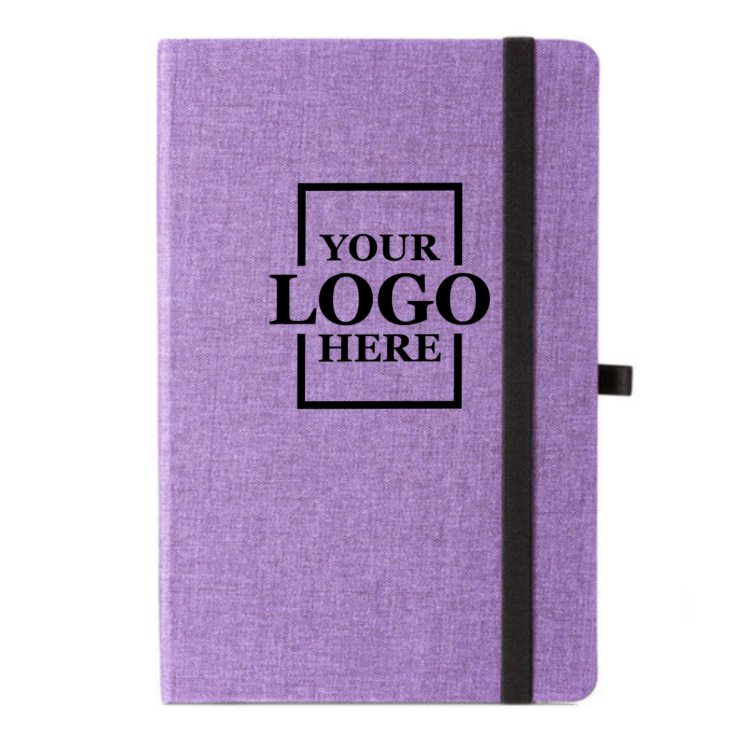 Realtor promotional gift of branded canvas journal in the color purple with logo in upper center