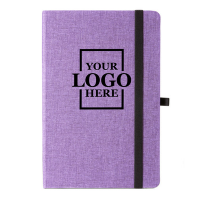 Realtor promotional gift of branded canvas journal in the color purple with logo in upper center