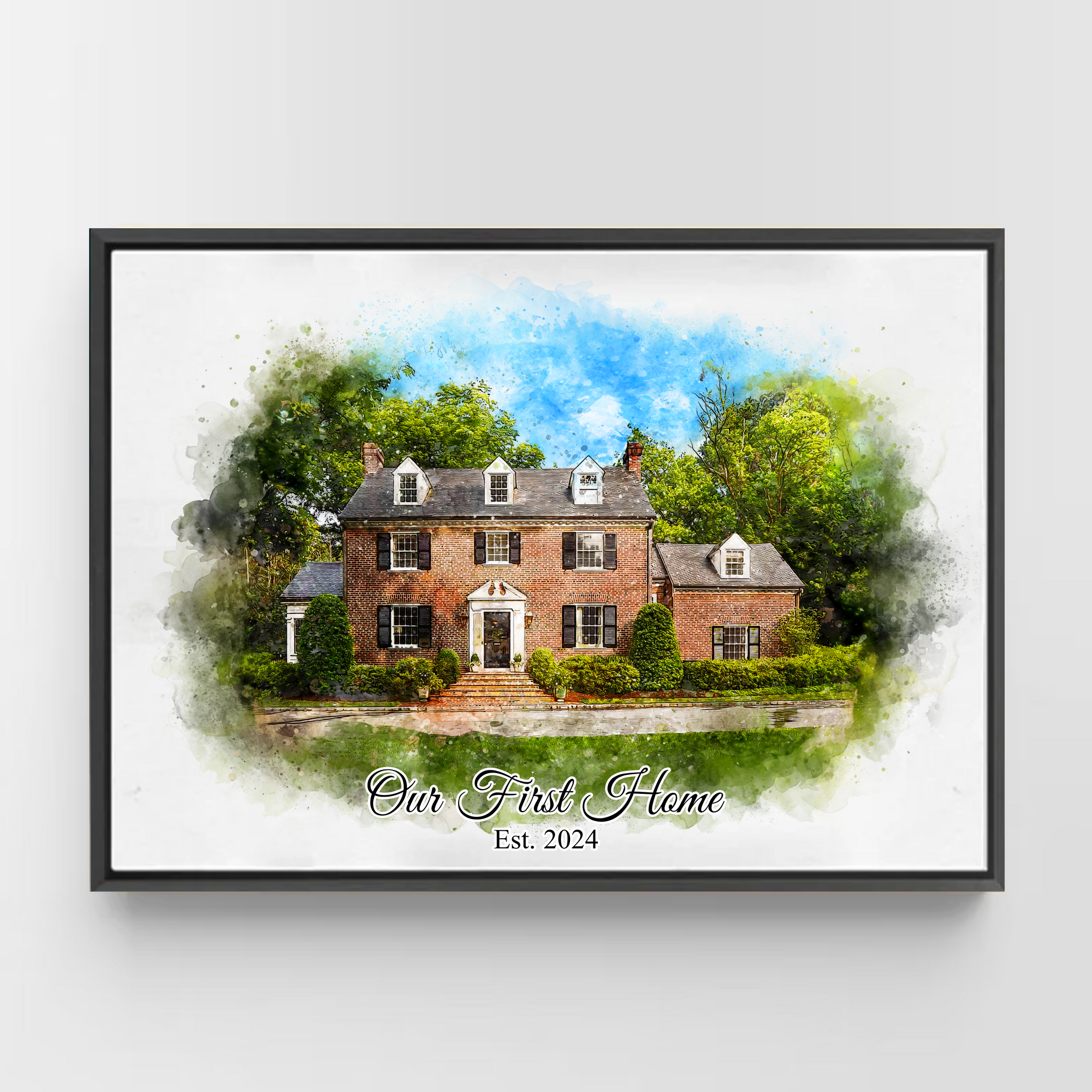 Real estate gift of custom watercolor home portrait in black frame 