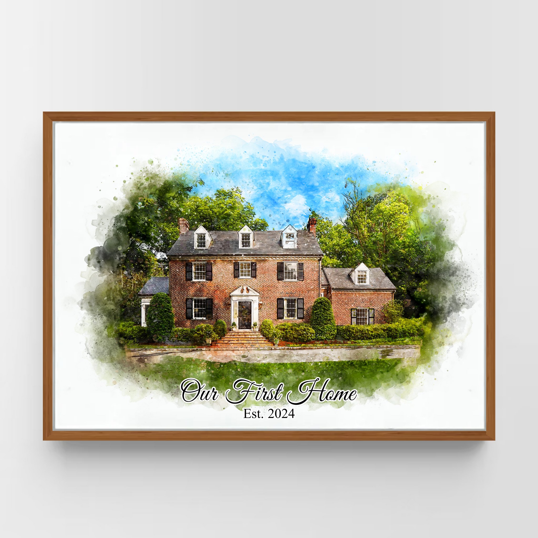 Real estate gift of custom watercolor home portrait in oak frame 