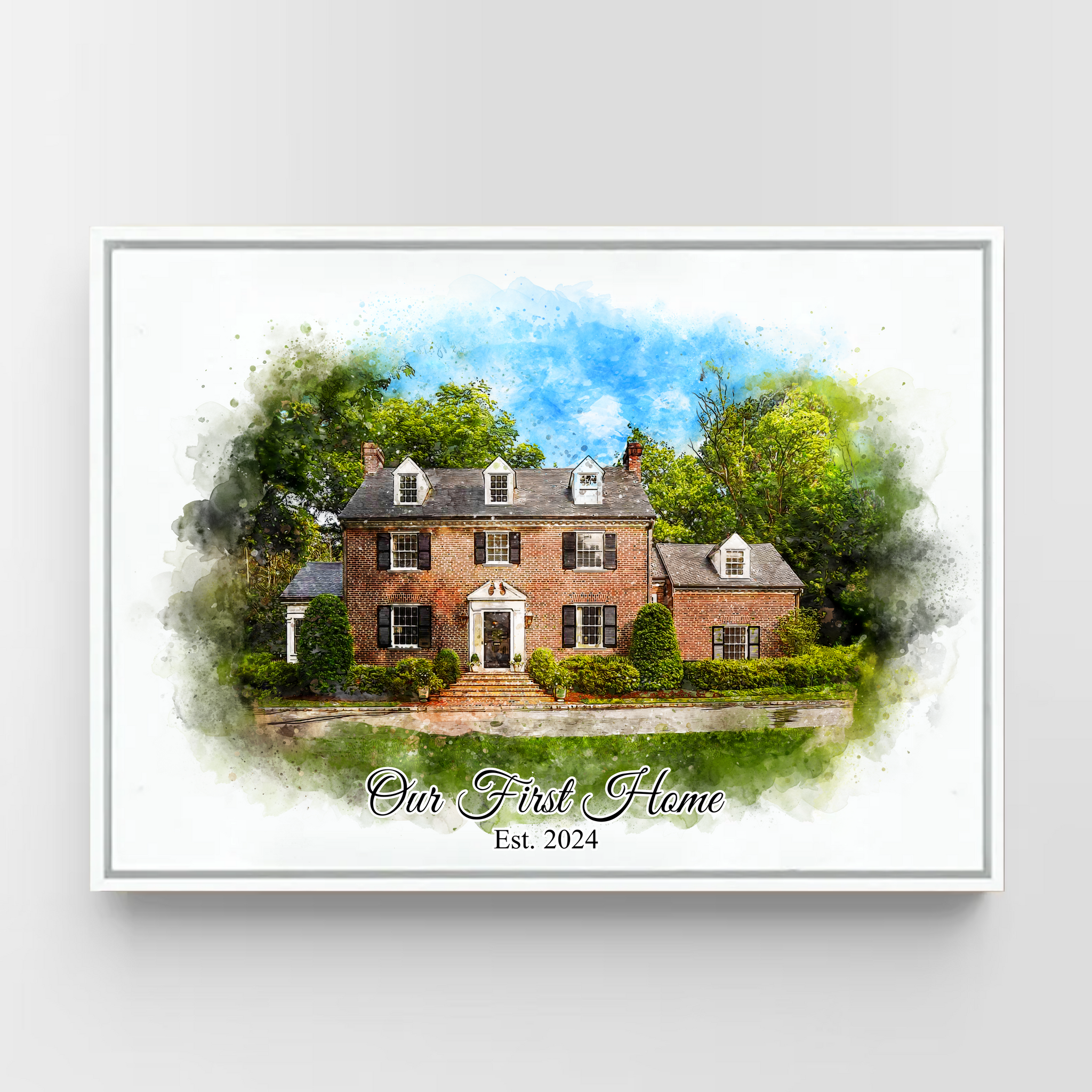 Real estate gift of custom watercolor home portrait in white frame 
