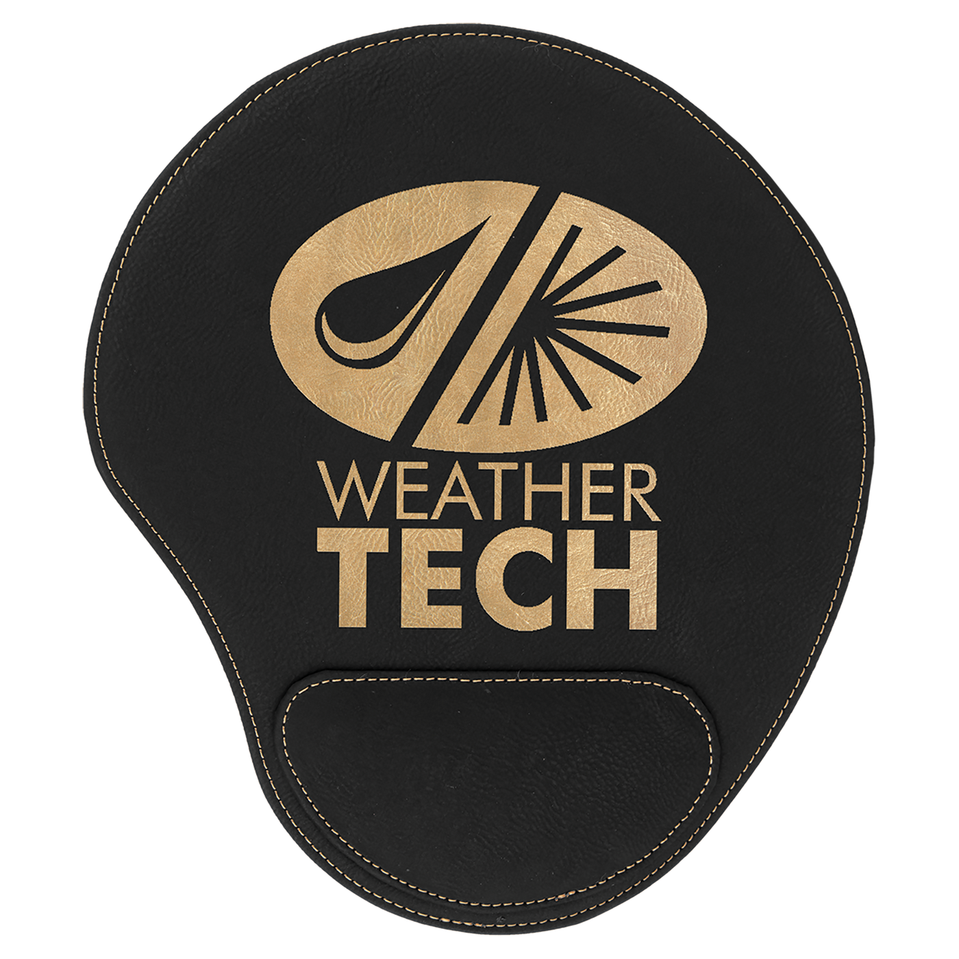 Real estate promotional gift of custom branded black leatherette mouse pad engraved in gold