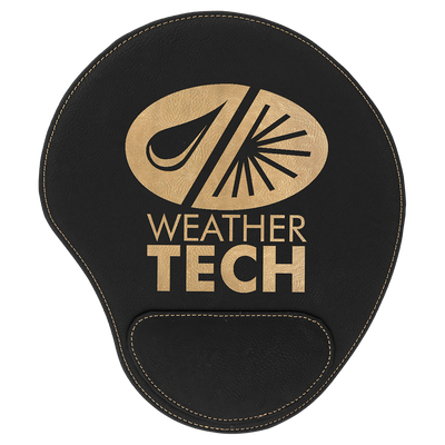 Real estate promotional gift of custom branded black leatherette mouse pad engraved in gold