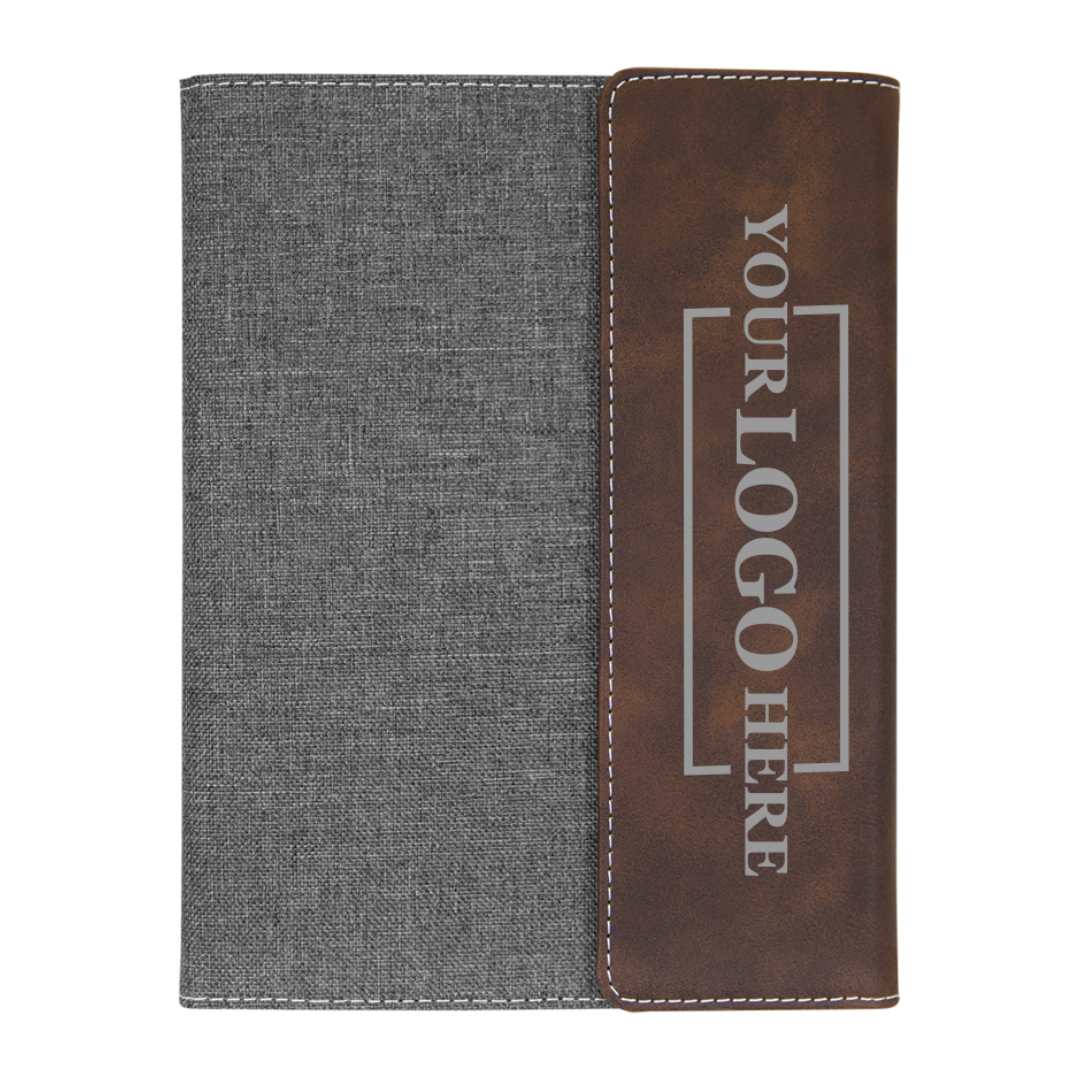Real estate promotional gift of rustic and gray leatherette and canvas portfolio with notepad engraved with silver