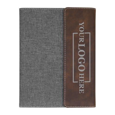 Real estate promotional gift of rustic and gray leatherette and canvas portfolio with notepad engraved with silver