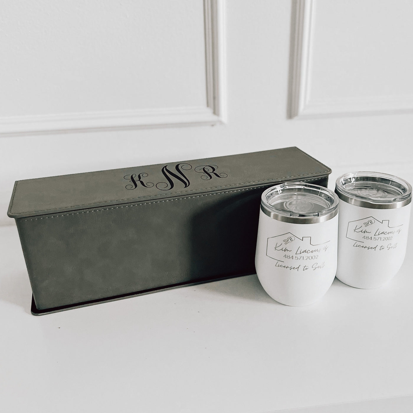 Real estate gift of the wine lovers set 2 including a custom engraved wine box and 2 12 oz wine tumblers