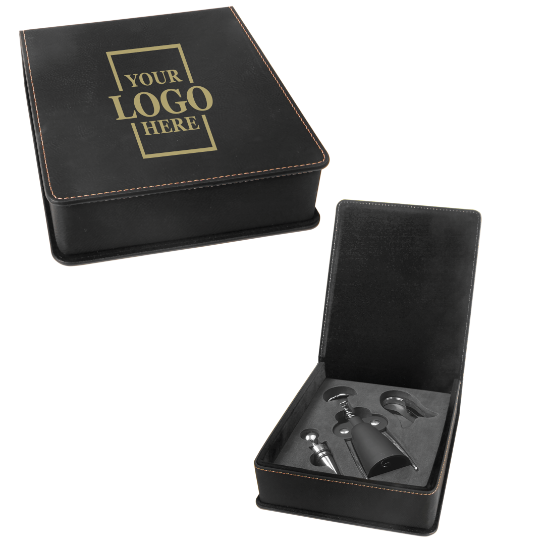 Real estate custom black 3 piece leatherette wine tool kit with personal logo engraved in gold