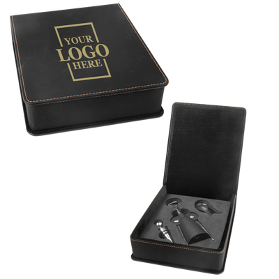 Real estate custom black 3 piece leatherette wine tool kit with personal logo engraved in gold