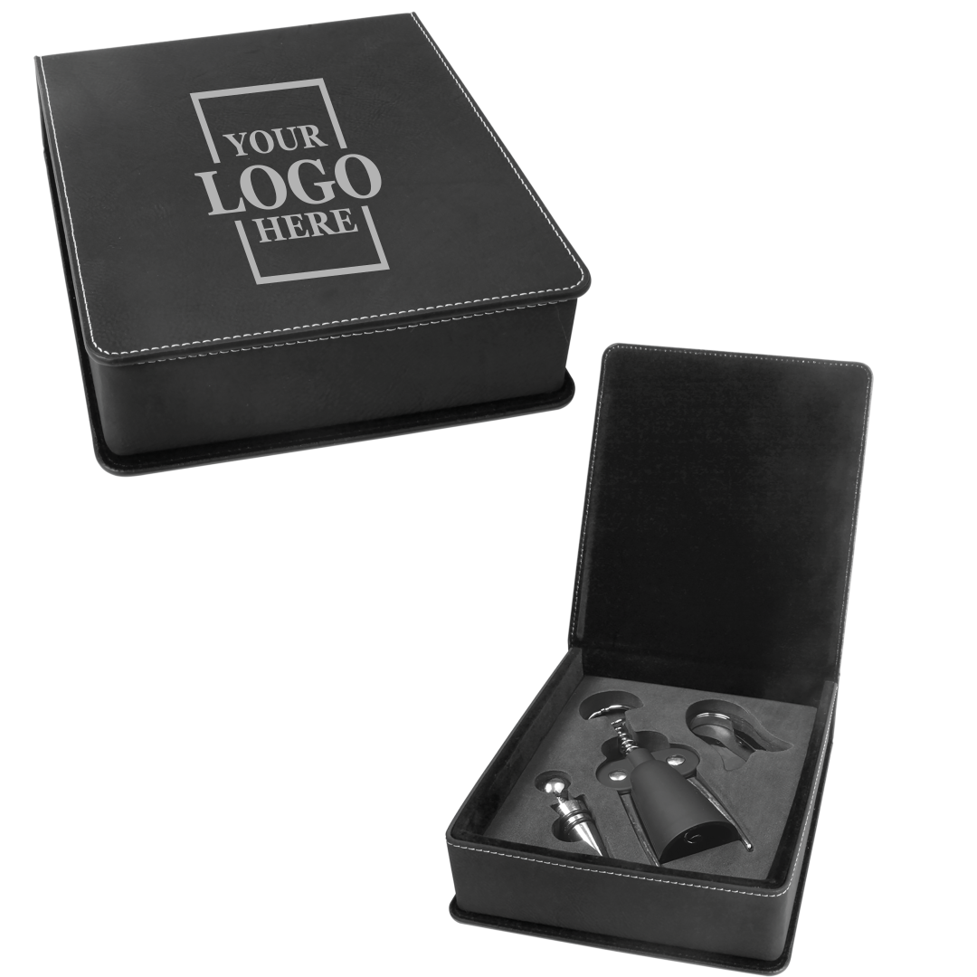 Real estate custom black 3 piece leatherette wine tool kit with personal logo engraved in silver