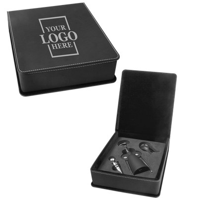 Real estate custom black 3 piece leatherette wine tool kit with personal logo engraved in silver
