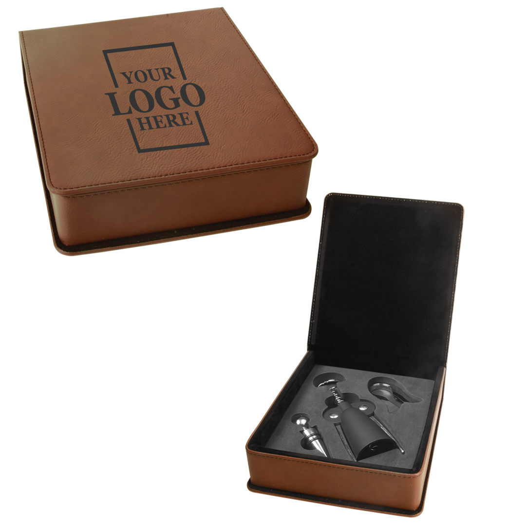 Real estate custom dark brown 3 piece leatherette wine tool kit with personal logo engraved in black