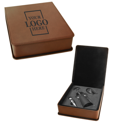 Real estate custom dark brown 3 piece leatherette wine tool kit with personal logo engraved in black